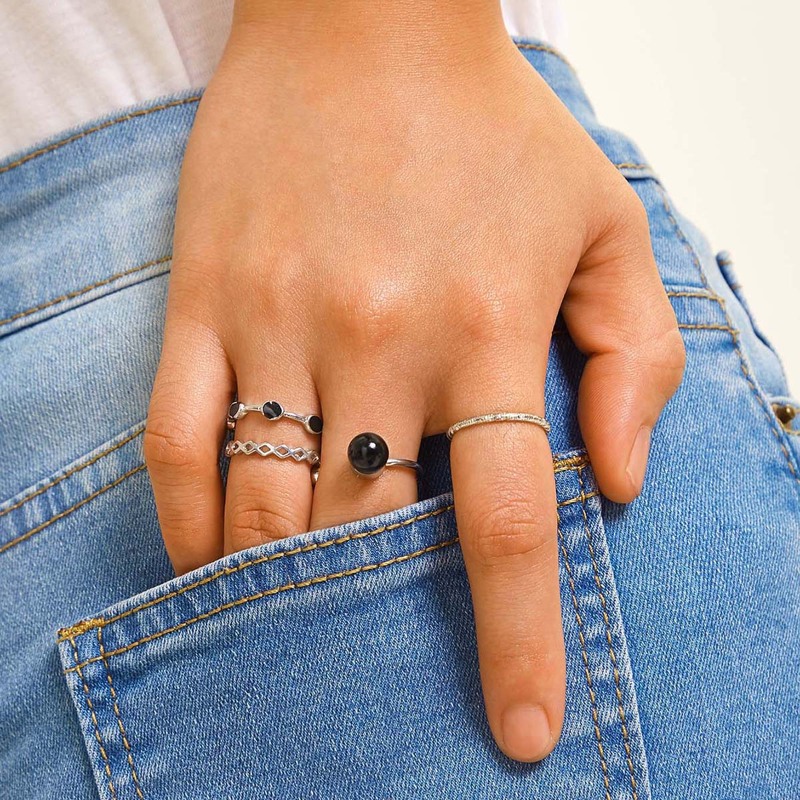 

Gemstone Texture Ring Set 4pcs, Silver