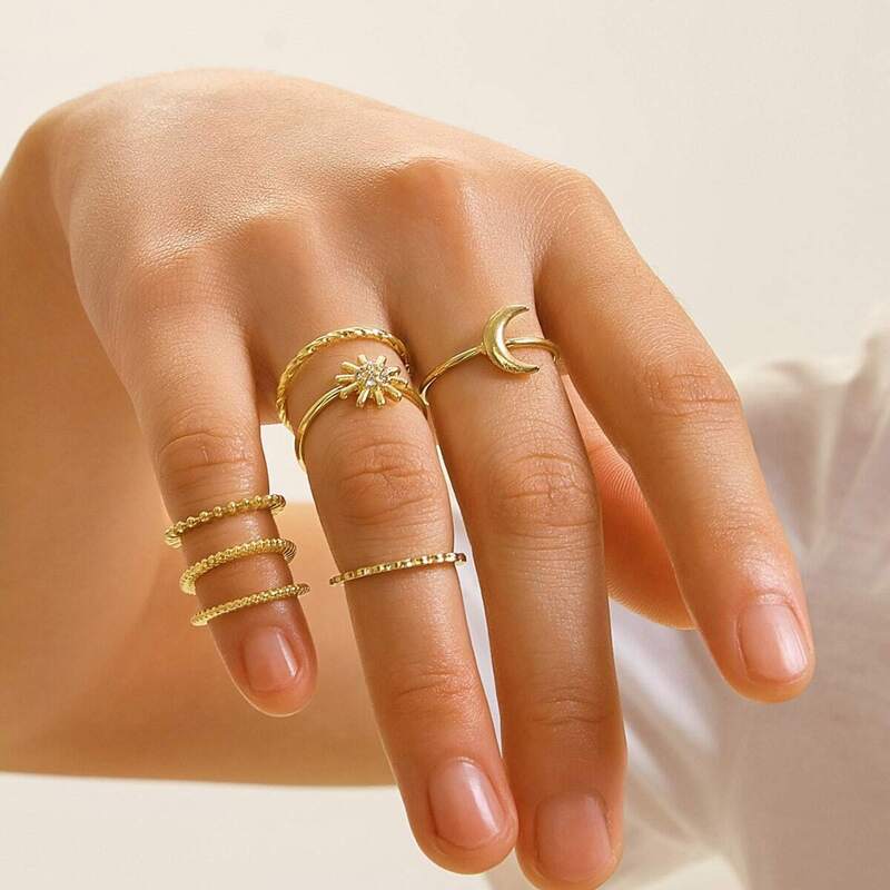 

Moon & Rhinestone Sun Decor Ring Set 7pcs, Gold