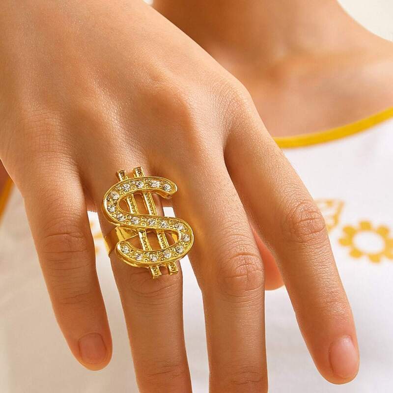 

Rhinestone Engraved Dollar Sign Decor Ring, Gold