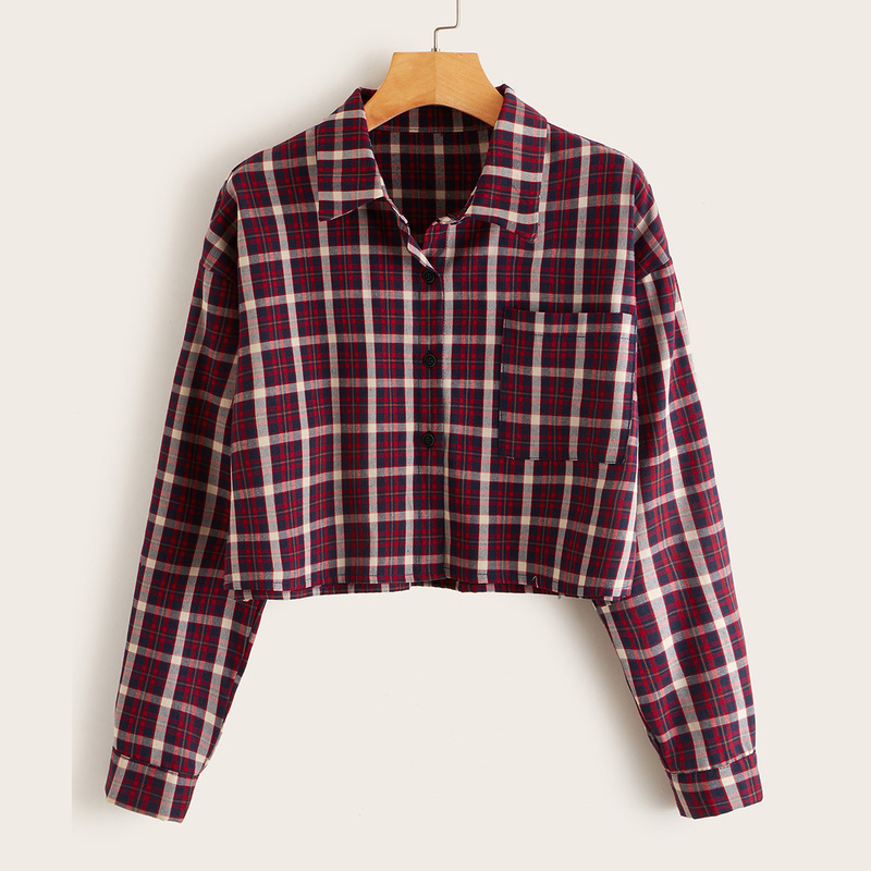 

Tartan Plaid Pocket Front Blouse, Burgundy