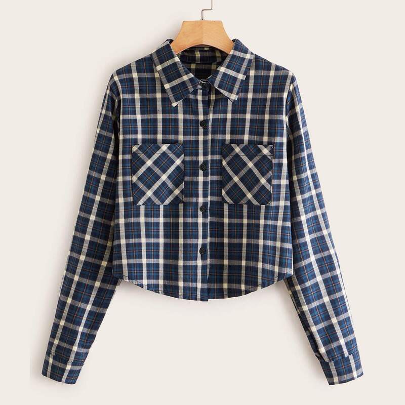 

Plaid Dual Pocket Crop Blouse, Navy