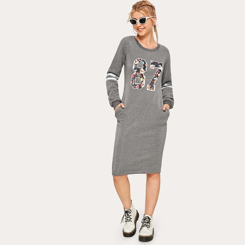 

Grey Varsity Print Slit Back Zipper Sweatshirt Dress