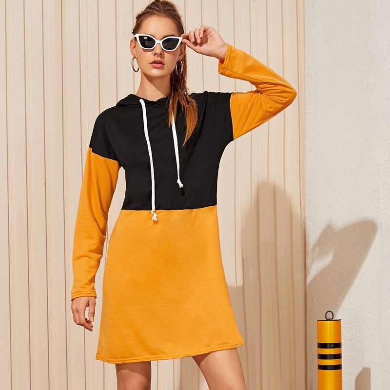 

Drawstring Two Tone Hoodie Dress, Multicolor