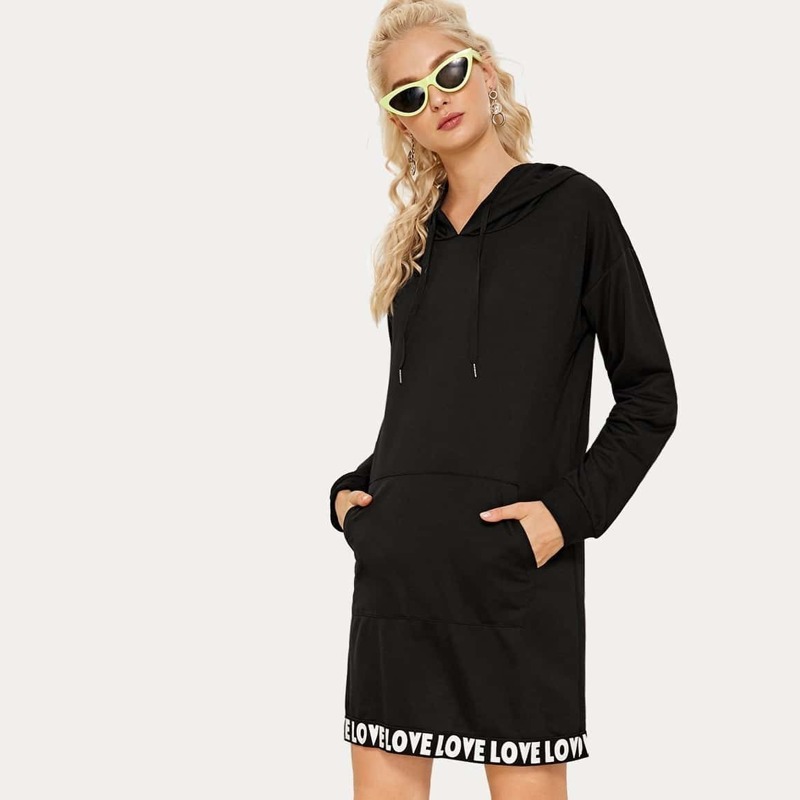 

Letter Taped Hooded Sweatshirt Dress, Black