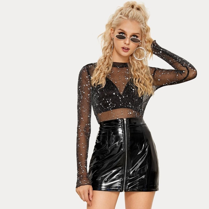 

Lettuce Edge Star Glitter Mesh Top, Black
