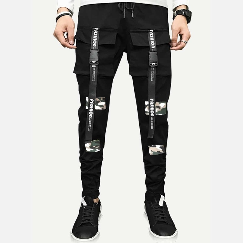 

Guys Ribbon Letter Print Drawstring Pants, Black