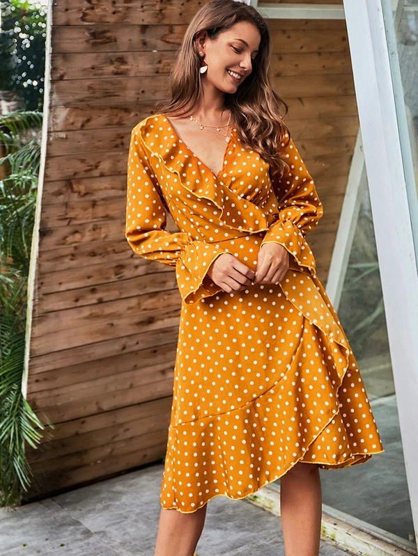 yellow polka dot wrap dress