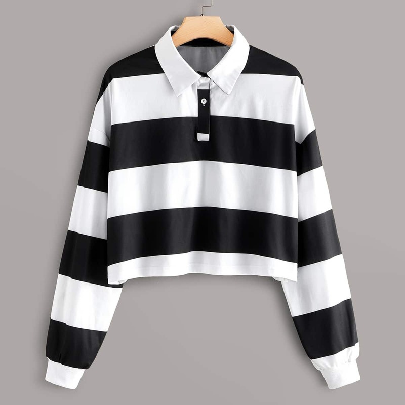 

Plus Color-block Striped Polo Tee, Black and white