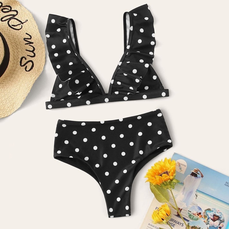 

Polka Dot Ruffle Trim Bikini Set, Black and white