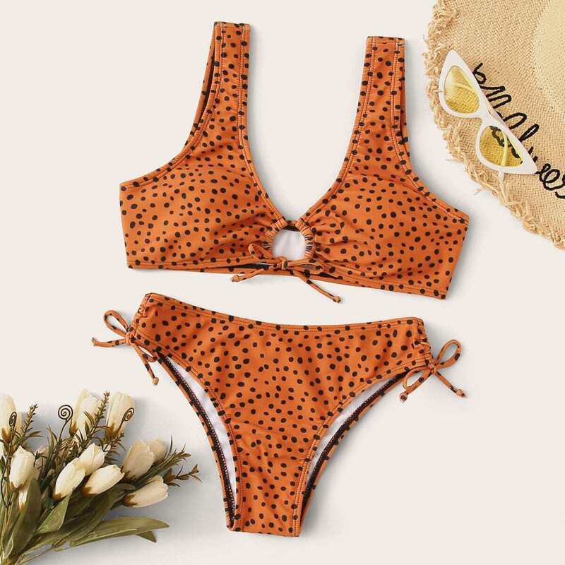 

Dalmation Print Ring Linked Bikini Set, Multicolor
