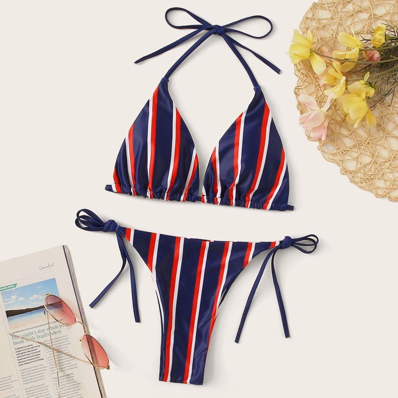 

Striped Halter Top With Tie Side Bikini Set, Multicolor