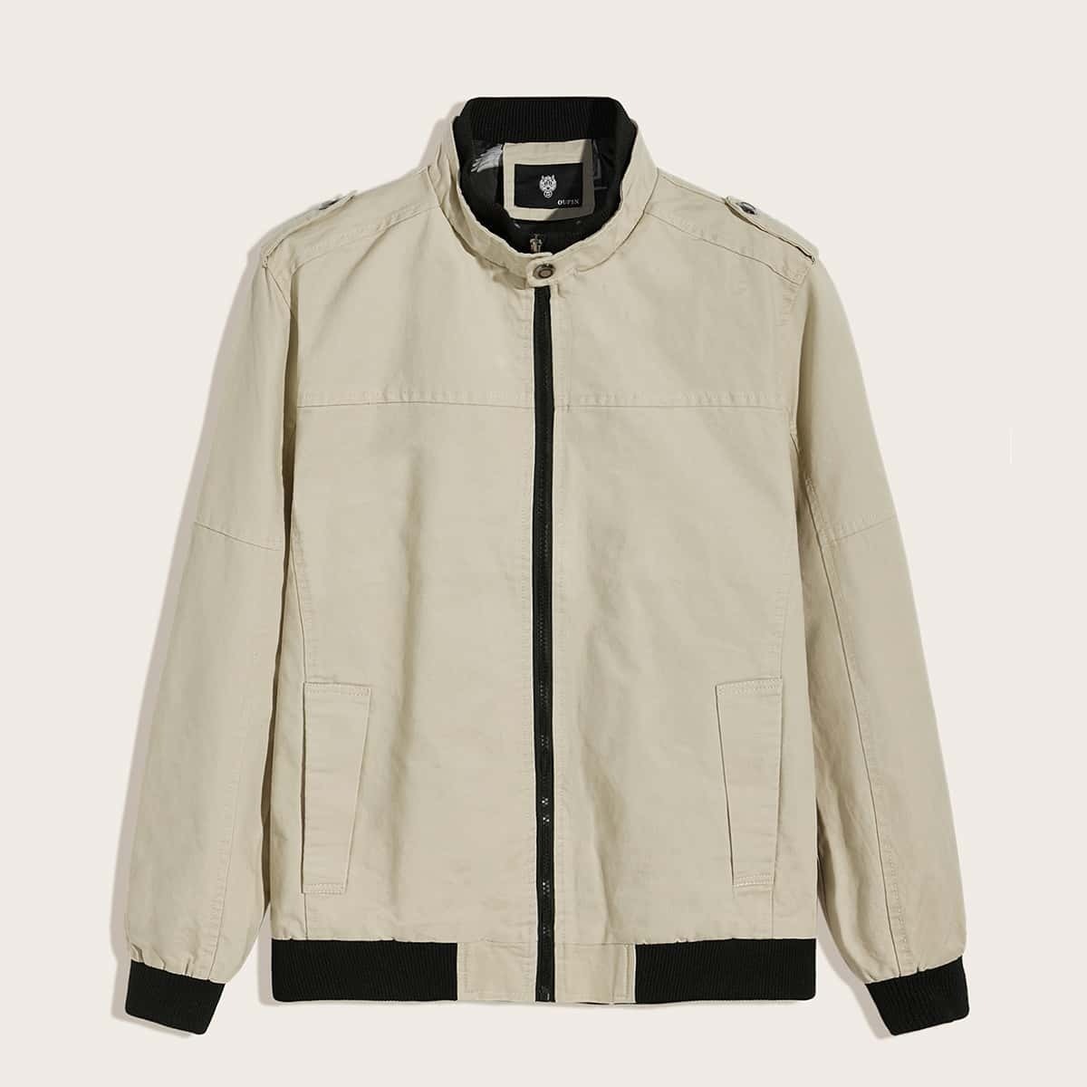 

Guys Zip Up Contrast Binding Jacket, Beige