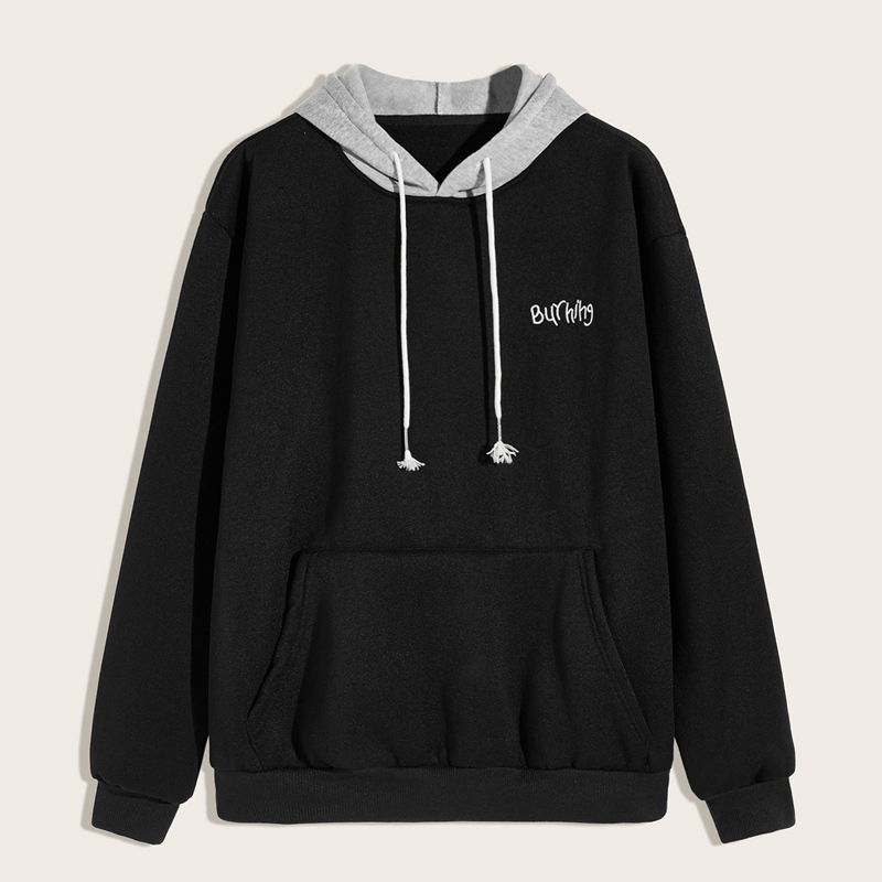 

Guys Letter Embroidery Drawstring Hoodie, Black