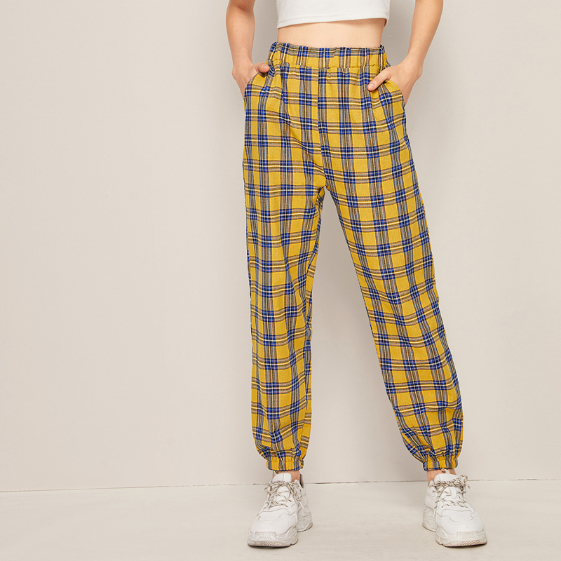 

Tartan Plaid Elastic Waist Carrot Pants, Yellow