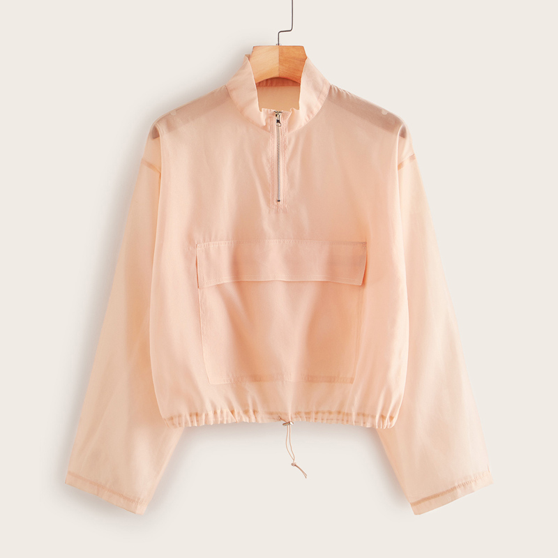 

Half Placket Drawstring Hem Windbreaker Jacket, Nude