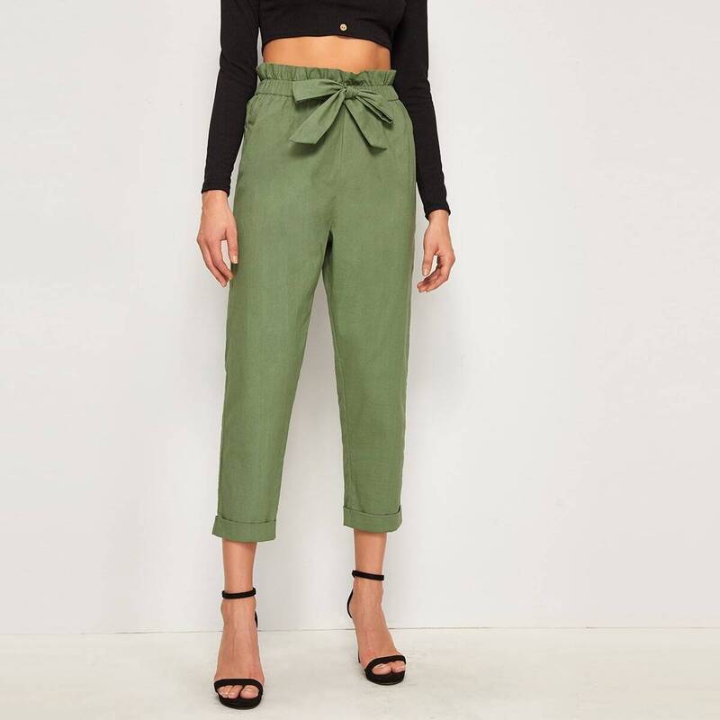 

Paperbag Waist Bow Front Roll Up Hem Pants, Green