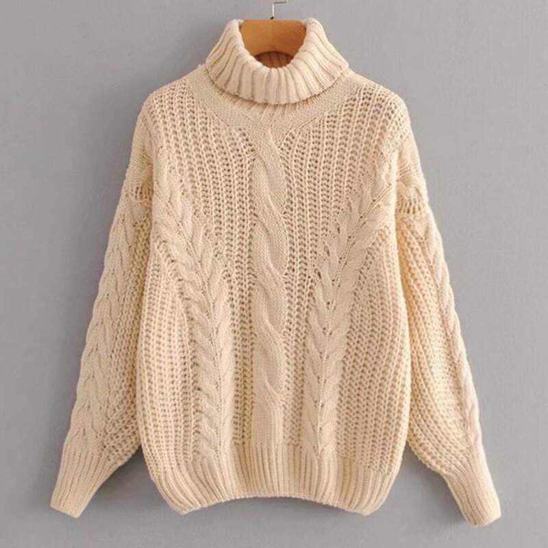 

High Neck Drop Shoulder Cable Knit Sweater, Beige