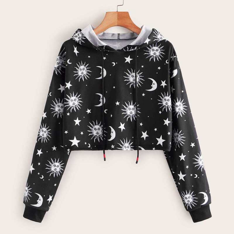 

Galaxy Print Drawstring Hooded Sweatshirt, Black
