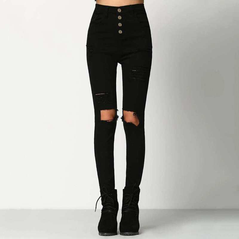 

Knee Rips Button Fly Skinny Jeans, Black