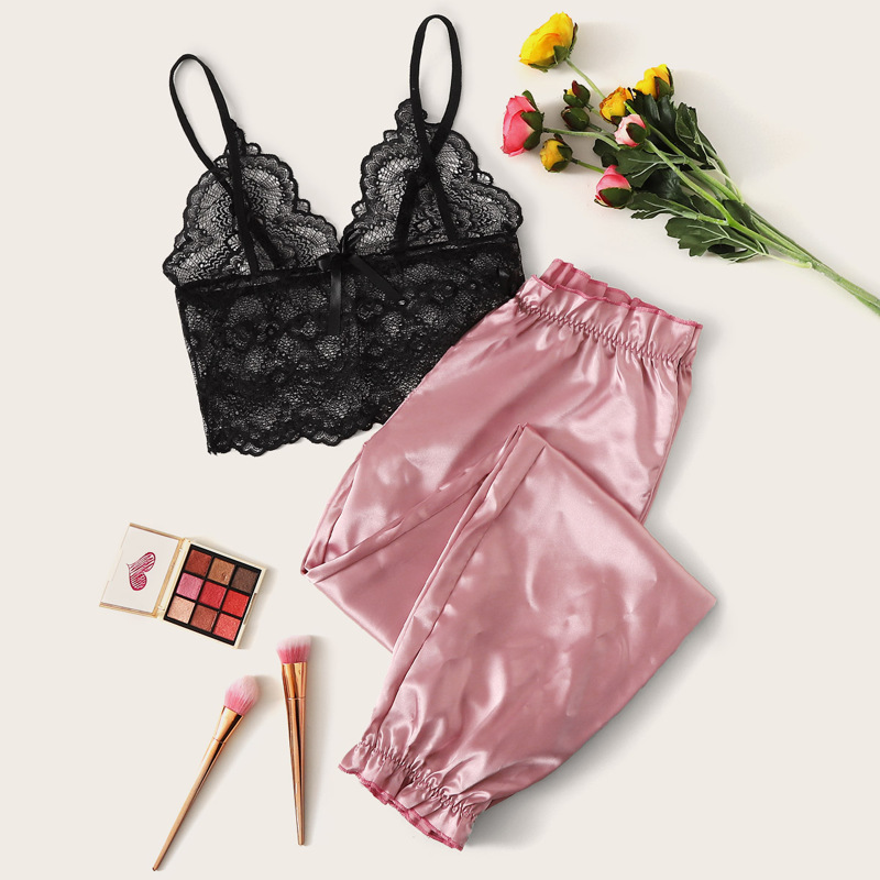 

Floral Lace Bralette & Satin Pants PJ Set, Multicolor