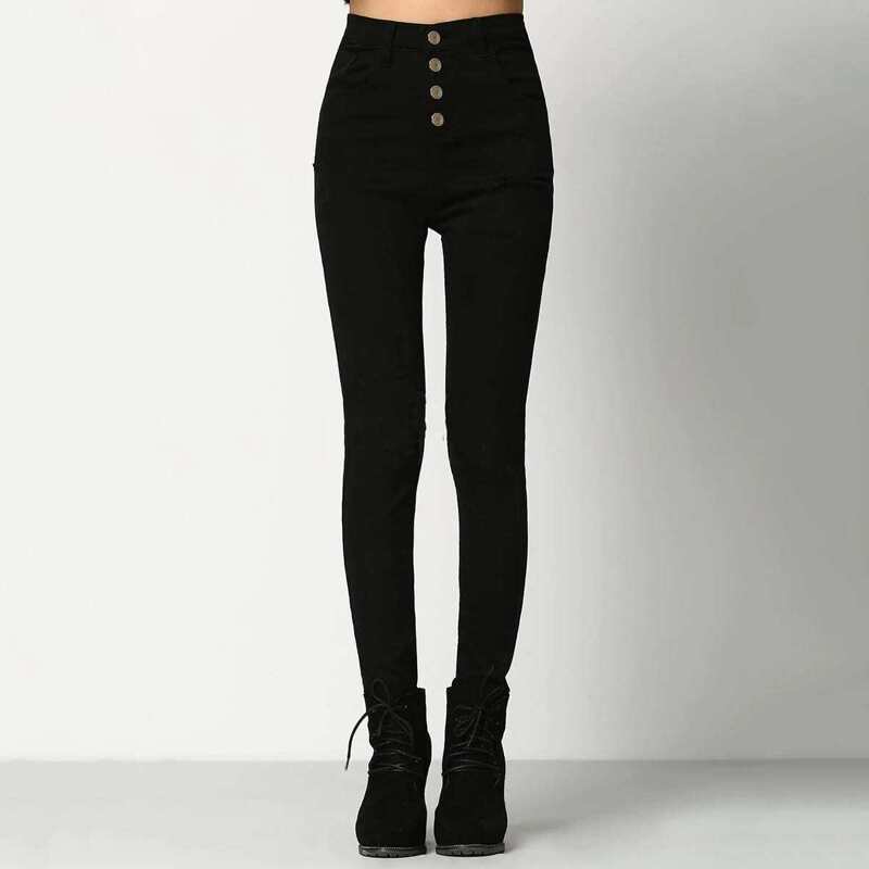 

Solid Button Front Skinny Jeans, Black