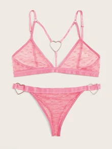 心形圈捆綁式透明內衣褲套裝 - 粉色 - 查看 3