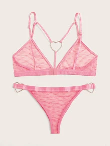 心形圈捆綁式透明內衣褲套裝 - 粉色 - 查看 2