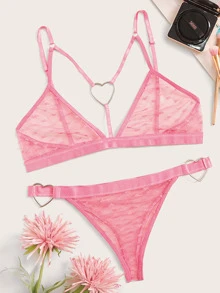 心形圈捆綁式透明內衣褲套裝 - 粉色 - 查看 1