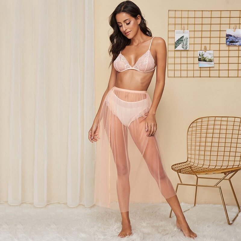 

Floral Lace Lingerie Set With Mesh Skirt, Pink