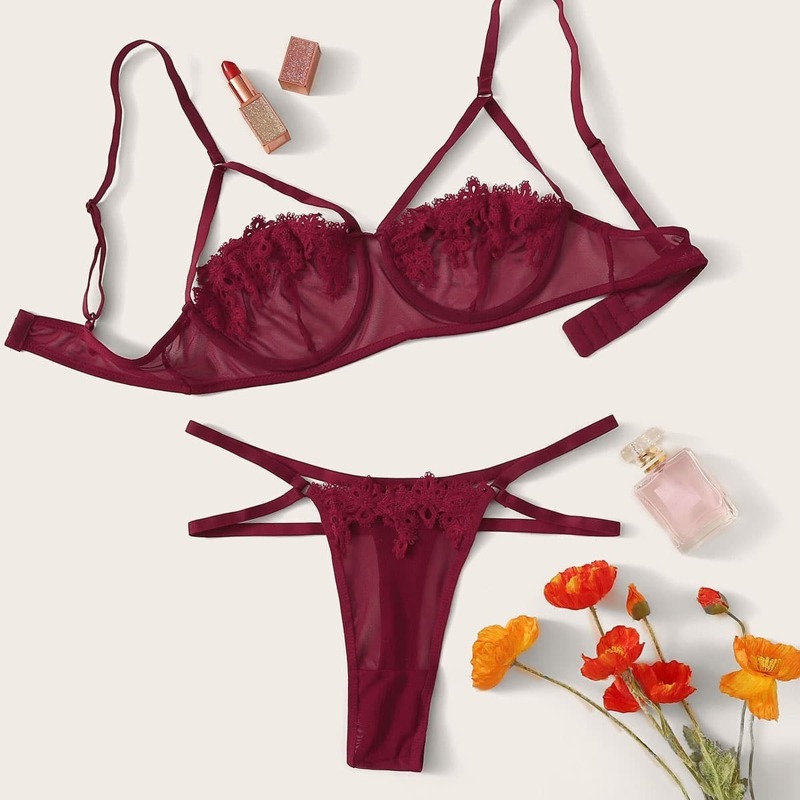 

Guipure Lace Harness Underwire Lingerie Set, Burgundy