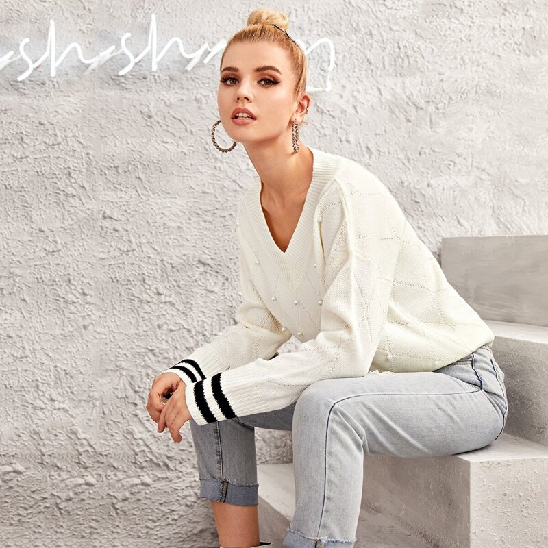

Drop Shoulder Pearl Beaded Sweater, White