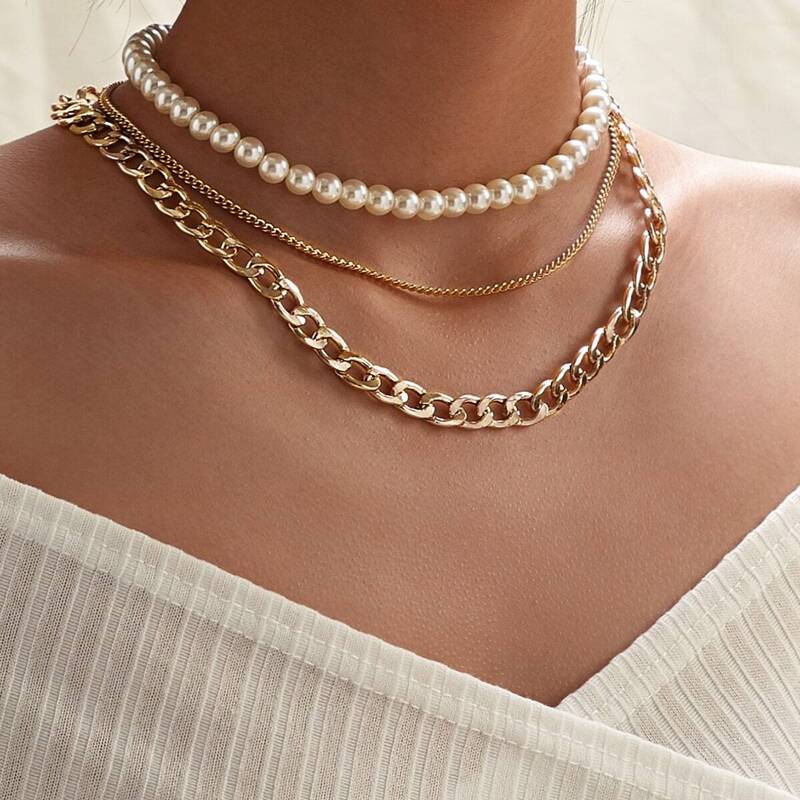 

Faux Pearl Design Chain Layered Necklace 1pc, Gold