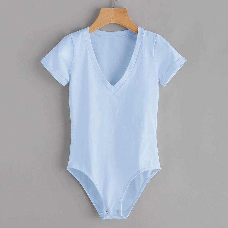 

Solid V-neck Tee Bodysuit, Blue