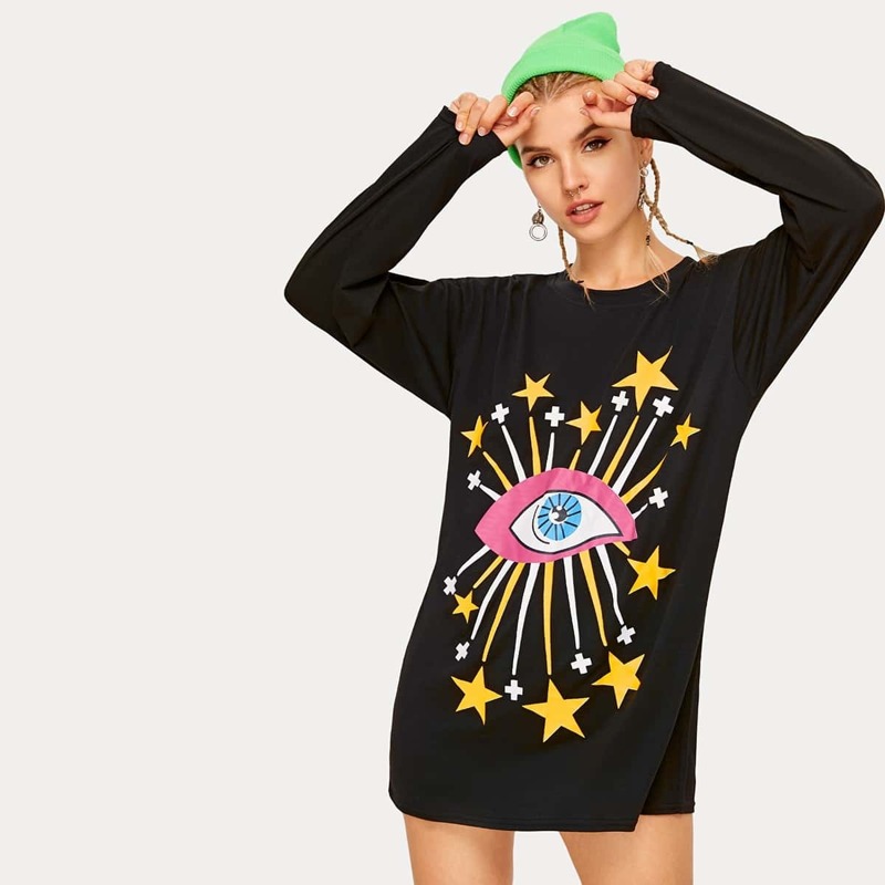 

Star & Eye Print Long Sleeve Tee Dress, Black