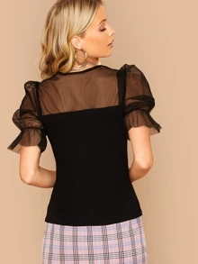 SHEIN Privé V-neck Mesh Yoke Trim Fitted Top - Black - View 2