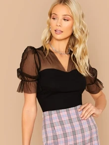 SHEIN Privé V-neck Mesh Yoke Trim Fitted Top - Black - View 4