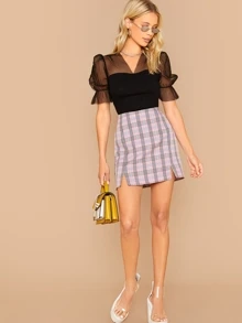 SHEIN Privé V-neck Mesh Yoke Trim Fitted Top - Black - View 5