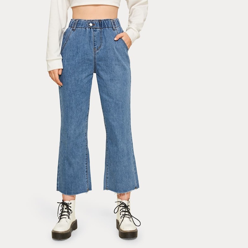 

Solid High Rise Flare Leg Jeans, Blue