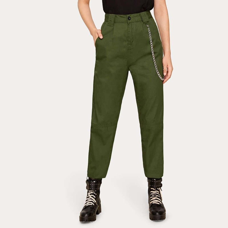 

Solid Chain Decoration High Rise Jeans, Army green