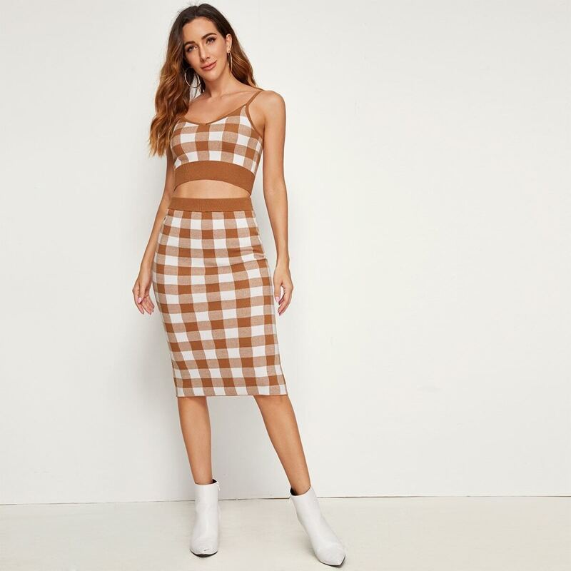 

Gingham Cami Knit Top & Pencil Sweater Skirt Set, Camel