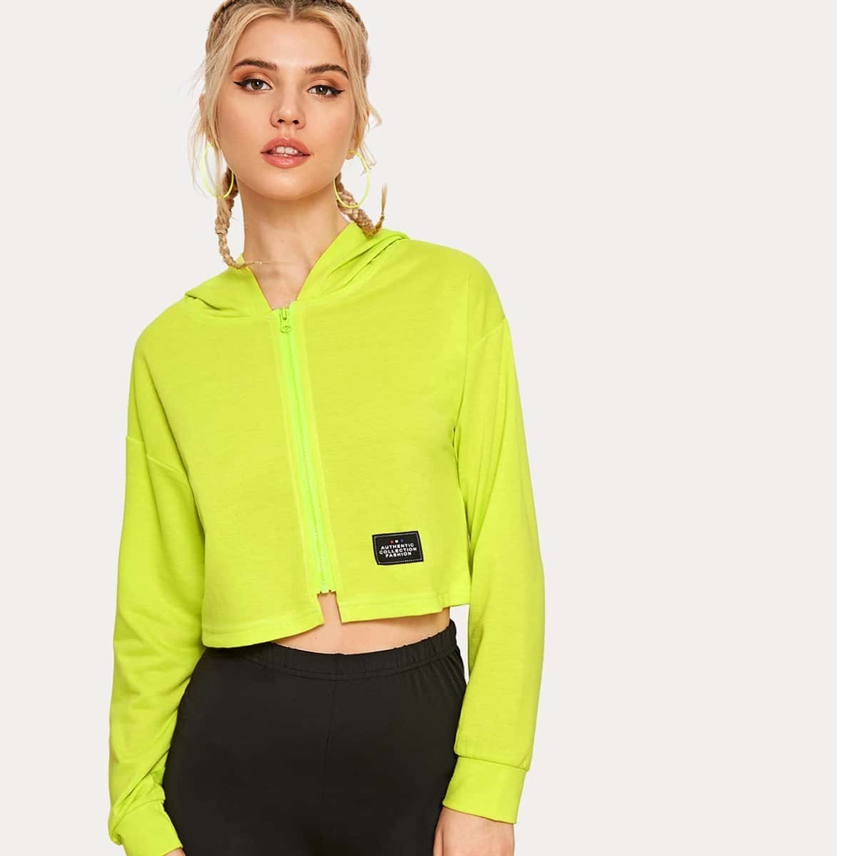 

Neon Lime Patched Zip-up Hoodie, Green bright