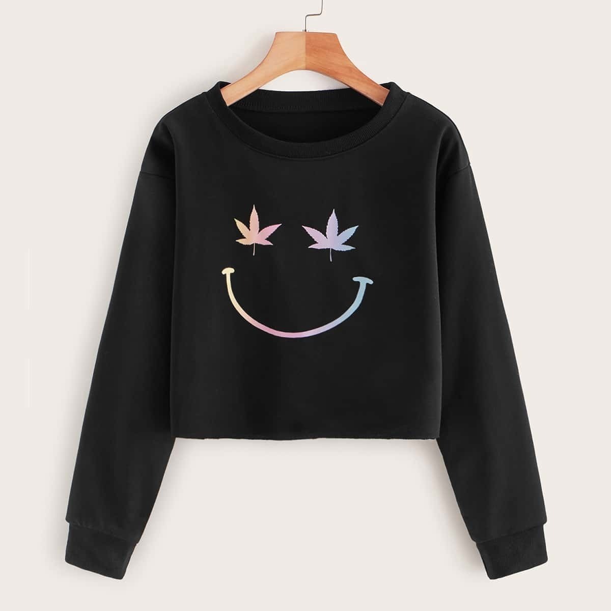 

Leaf Print Round Neck Sweatshirt, Black