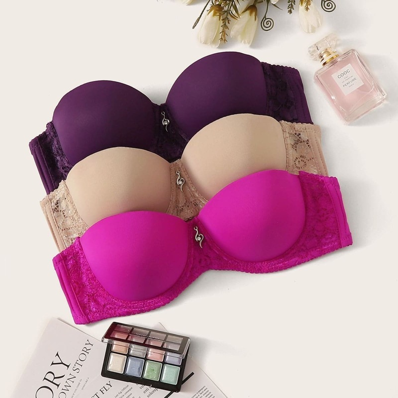 

Contrast Lace Push Up Bra Set 3pack, Multicolor