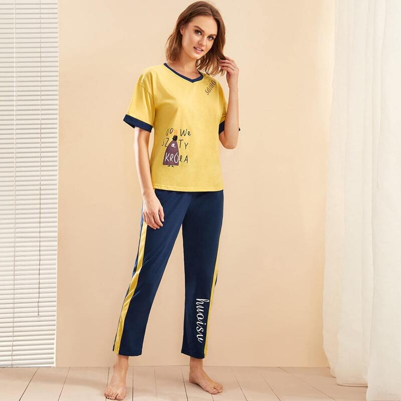 

Cartoon & Letter Graphic Pajama Set, Multicolor