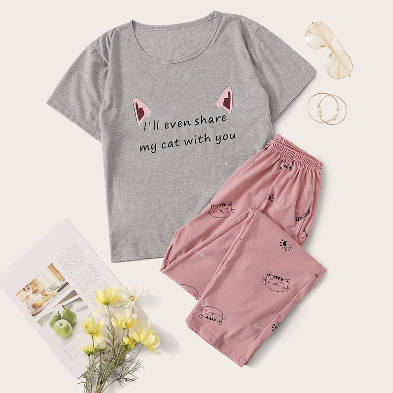 

Cat & Slogan Graphic Pajama Set, Multicolor