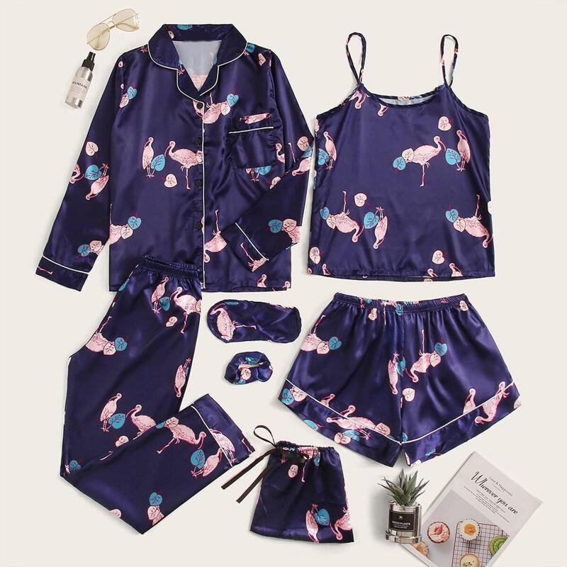 

7Pcs Flamingo Print Satin Pajama Set, Navy