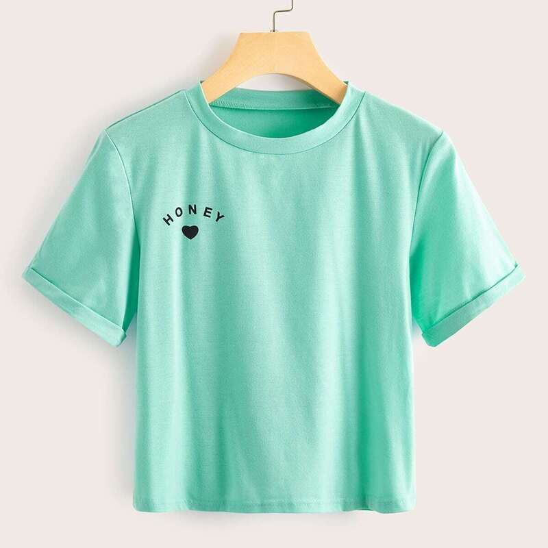 

Letter Print Short Sleeve Tee, Green