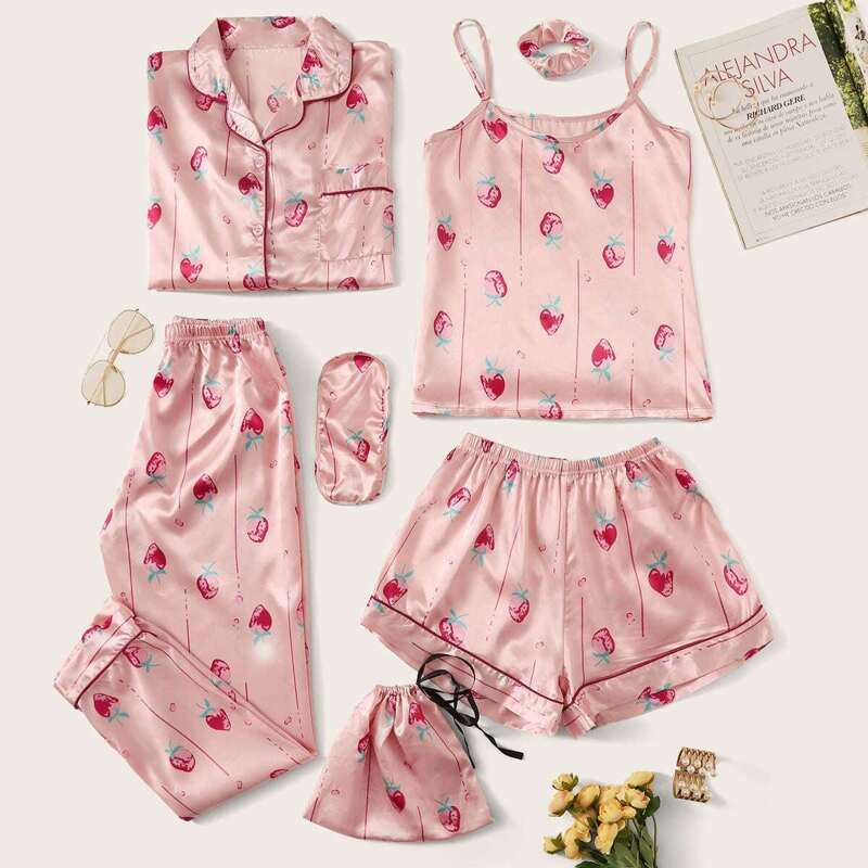 

7Pcs Strawberry Print Satin Pajama Set, Pink