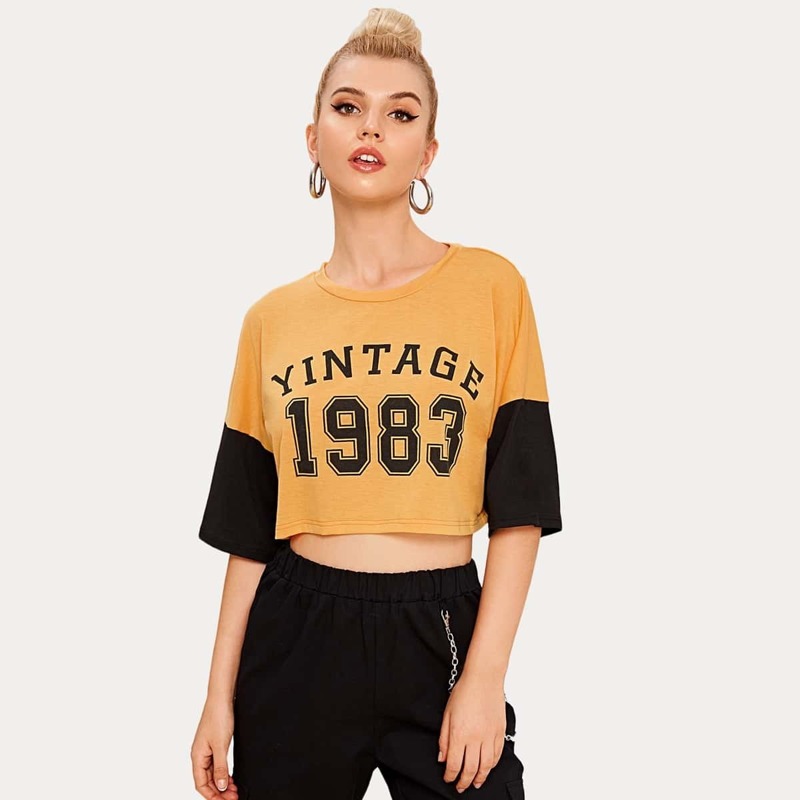 

Letter Print Color-block Sleeve Crop Tee, Yellow