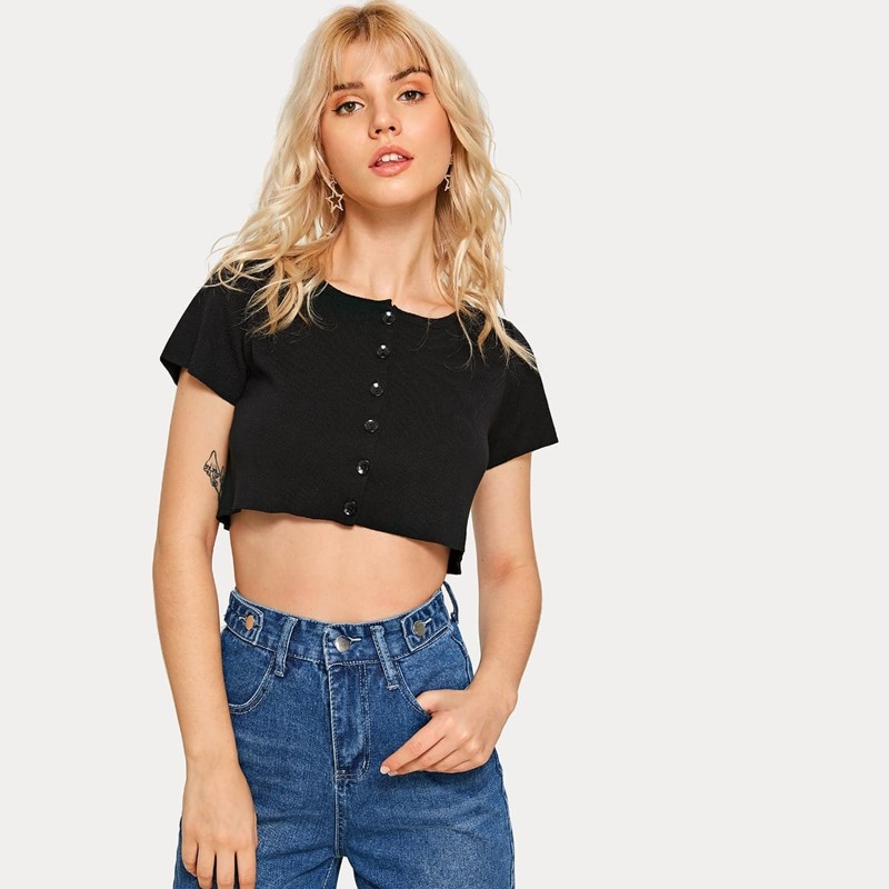 

Solid Button Front Crop Knit Top, Black